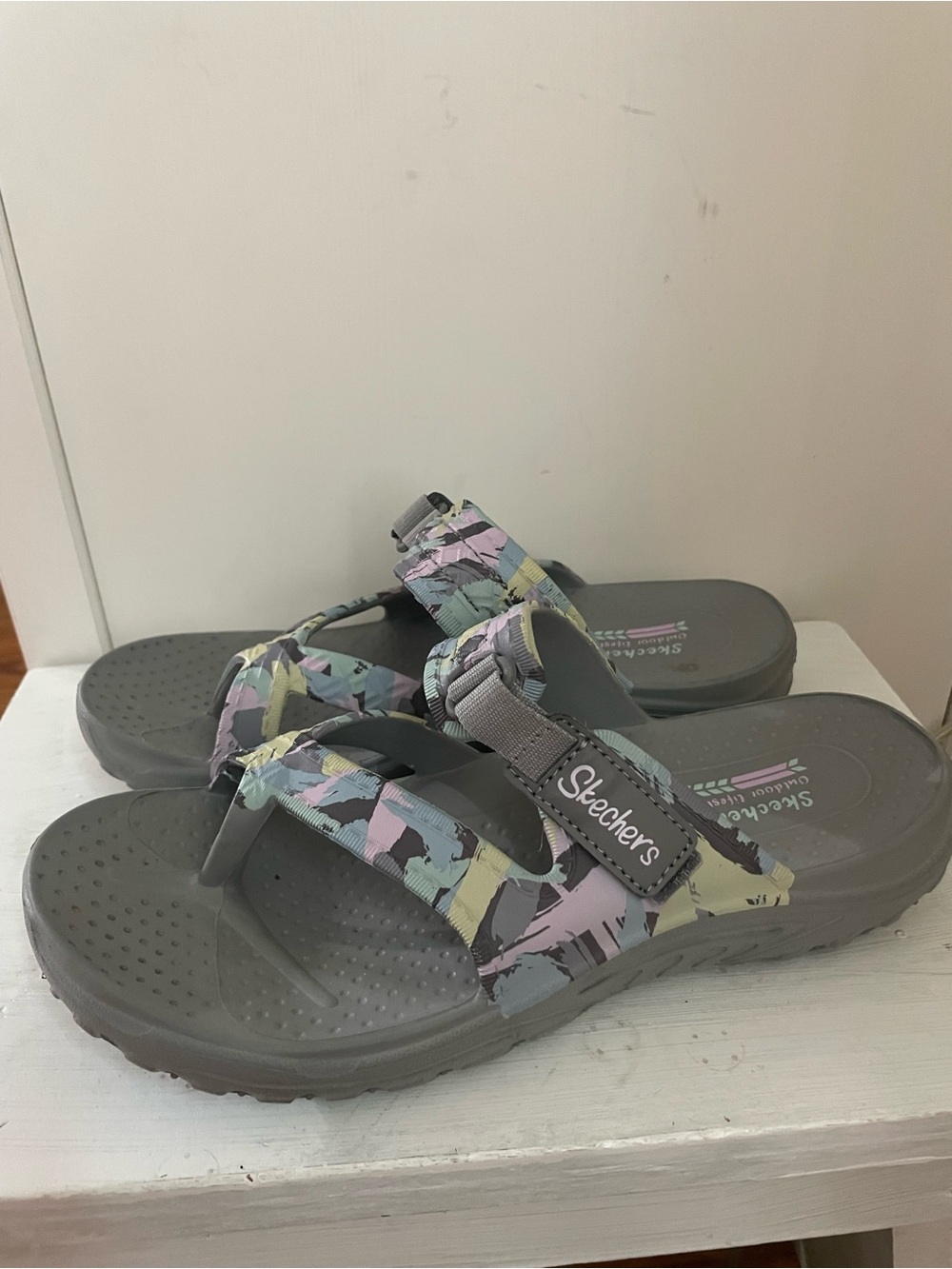 Skechers Gray Sandals with Pastel Multi-Color Straps